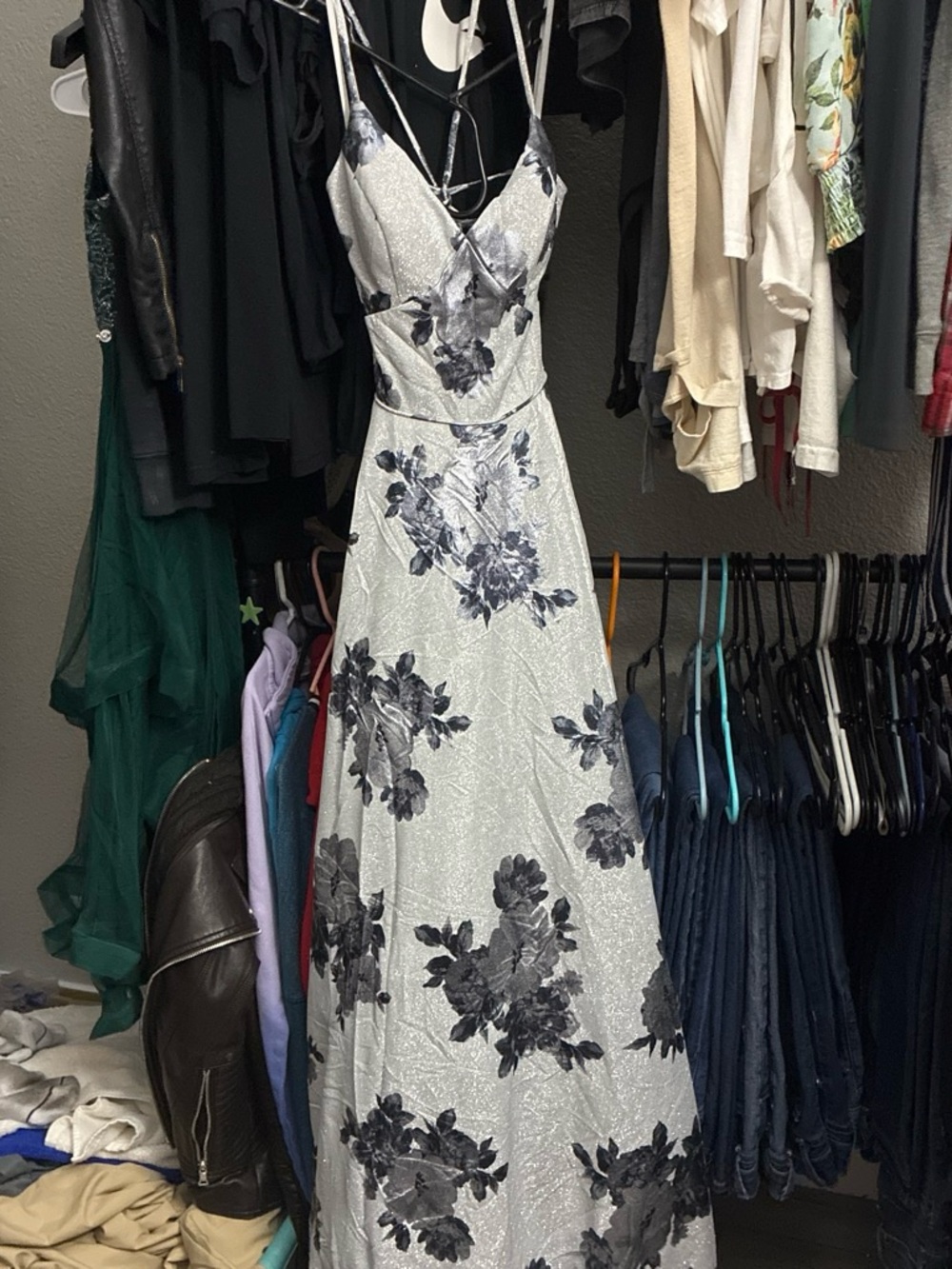 Macy's Silver Gown with Black Floral Print and Lace-Up Back